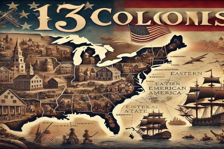 Thirteen Colonies: American flag and map 