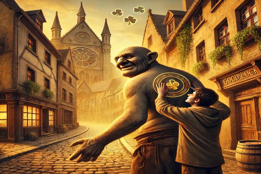 Touching hunchback for good luck: Artistic impression