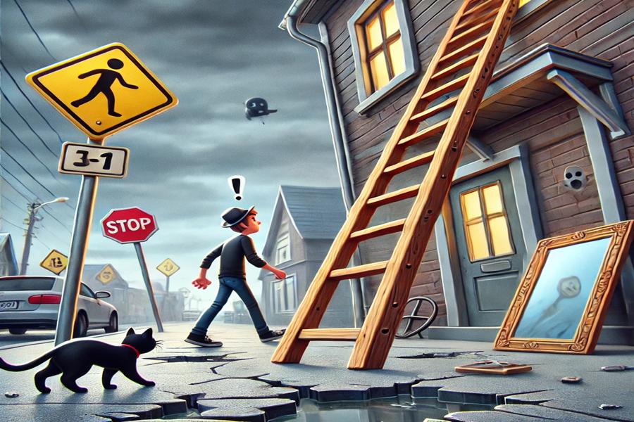 Walking Under a Ladder Superstition cartoon image